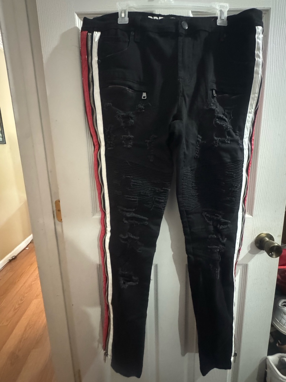 PREME Black Distressed Men’s Pants Leather Red & White Side Stripes and Zippers